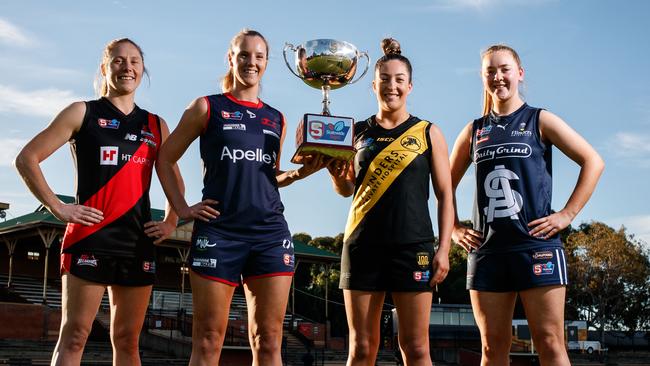 Bec Owen (West Adelaide), Alison Ferrall (Norwood), Ellie Kellock (Glenelg) and Jaslynne Smith (South Adelaide) ahead of the SANFL women’s semi-finals, which will be live streamed by The Advertiser. Picture: Matt Turner.