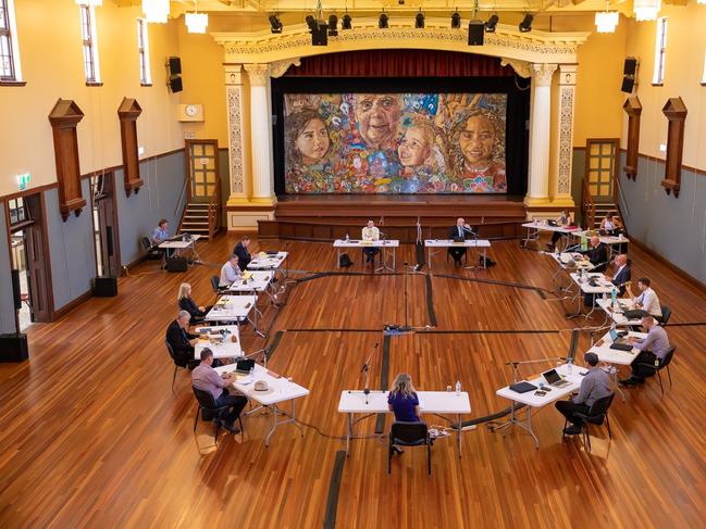 Councillors social distancing at a Fraser Coast Regional Council meeting.