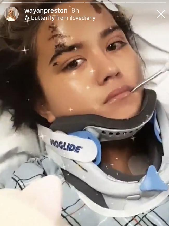 A still from Wayan Preston’s Instagram stories showing Visaya Hoffie in hospital. Picture: Instagram