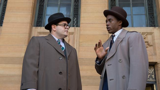 Josh Gad and the late, great Chadwick Boseman in a scene from Marshall.