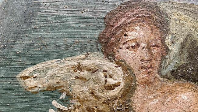 A detail of the painting representing the mythological scene of Phrixus and Helle on the golden ram, a new discovery part of the ongoing excavations in the house of Leda, in Pompeii, near Naples. Picture: AFP / Parco Archeologico di Pompei