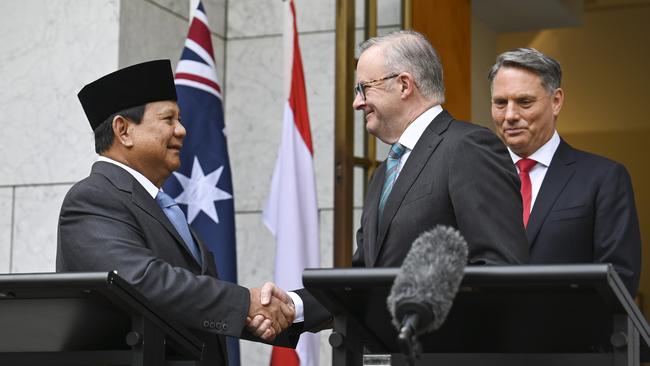 Indonesian President Prabowo Subianto, Prime Minister Anthony Albanese and Deputy Prime Minister Richard Marles at Parliament House in Canberra last August. Picture: Martin Ollman/NewsWire