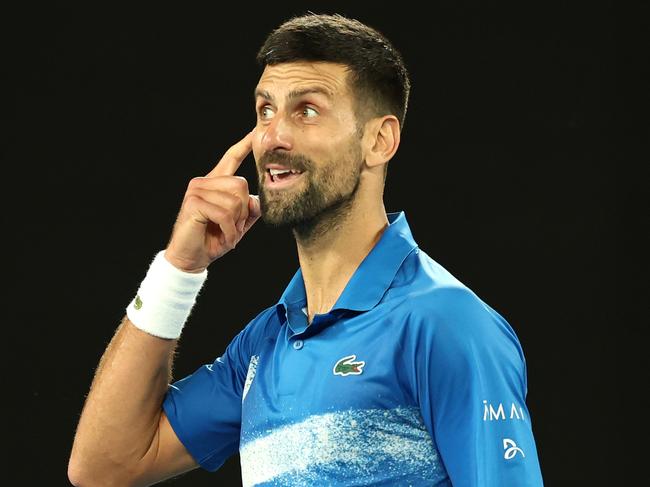 MELBOURNE, AUSTRALIA - JANUARY 19: Novak Djokovic of Serbia gestures to the crowd against Jiri Lehecka of the Czech Republic in the Men's Singles Fourth Round match during day eight of the 2025 Australian Open at Melbourne Park on January 19, 2025 in Melbourne, Australia. (Photo by Cameron Spencer/Getty Images)