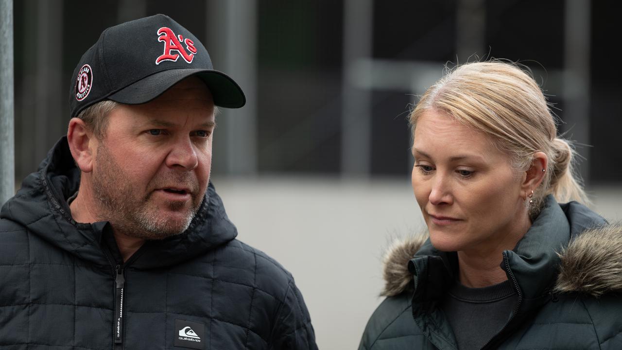 Owners of Stirling Variety Meats Chris and Giselle Pfitzner at the scene of the Stirling Village shopping centre. Picture: Naomi Jellicoe