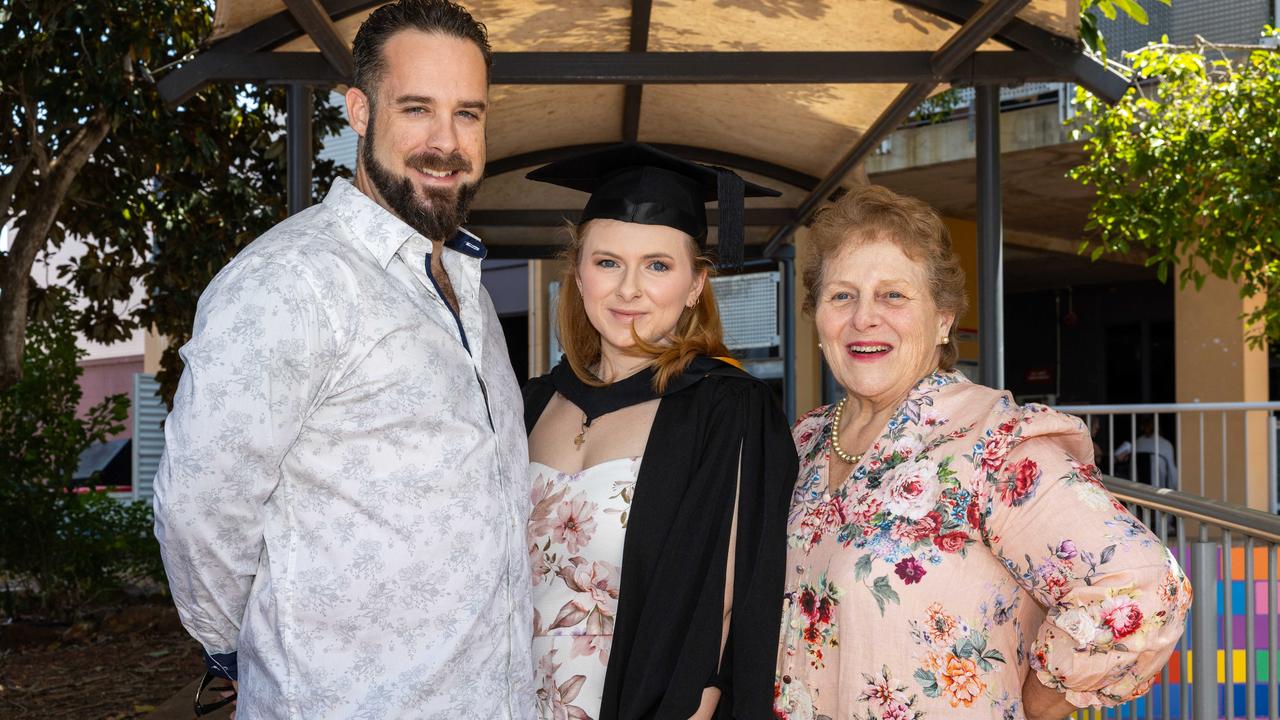 Daniel Lancaster, Suzanne King and Rachel Wright at the 2025 Graduation ceremony held at Charles Darwin University on May 20, 2025. Picture: Pema Tamang Pakhrin
