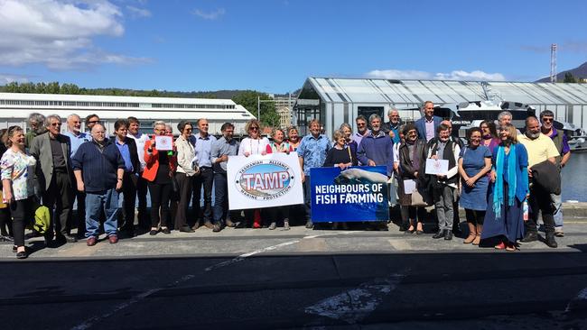 Members of the Tasmanian Alliance for Marine Protection at the launch of the new lobby group on Hobart’s waterfront. Picture: EMILY BAKER