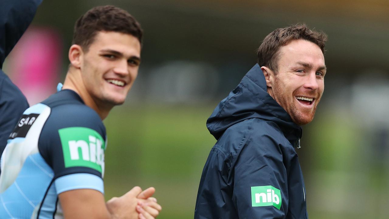 NSW's Nathan Cleary and James Maloney during NSW State of Origin training at Moore Park, Sydney. Picture: Brett Costello