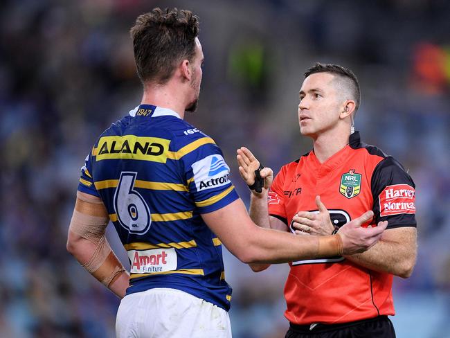 Clint Gutherson of the Eels remonstrates with referee Chris Sutton after Michael Jennings was sent to the sin bin during the Round 13 NRL match between the Parramatta Eels and the Newcastle Knights.