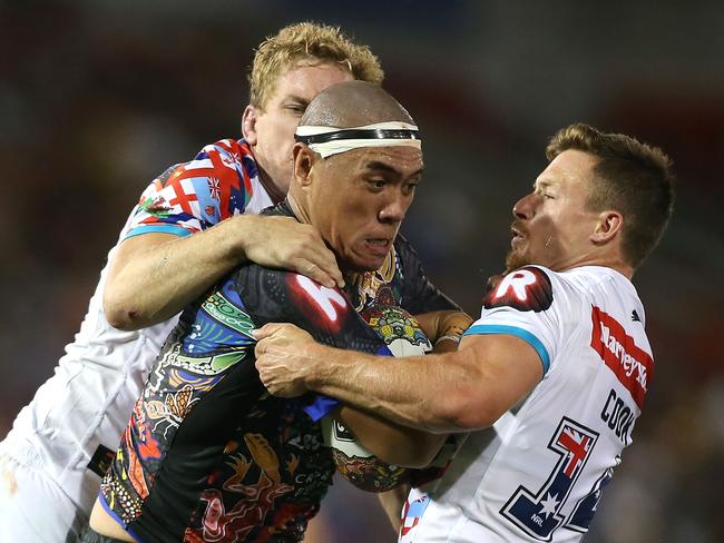 Leilani Latu hits the ball up for the Indigenous All Stars last month in Newcastle. Picture: Getty Images