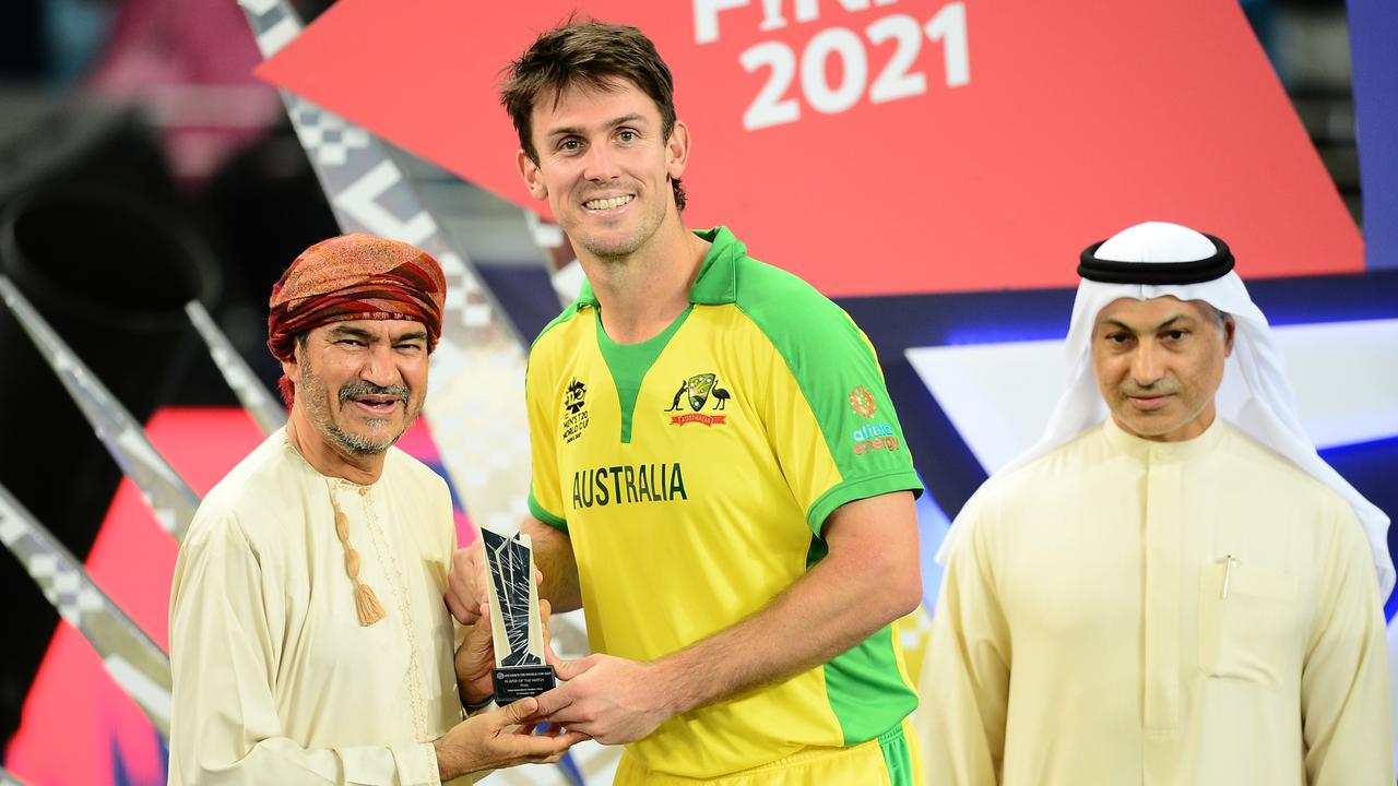 Mitchell Marsh receives his player of the match award after the T20 World Cup final. Picture: Isuru Sameera Peiris/Gallo Images