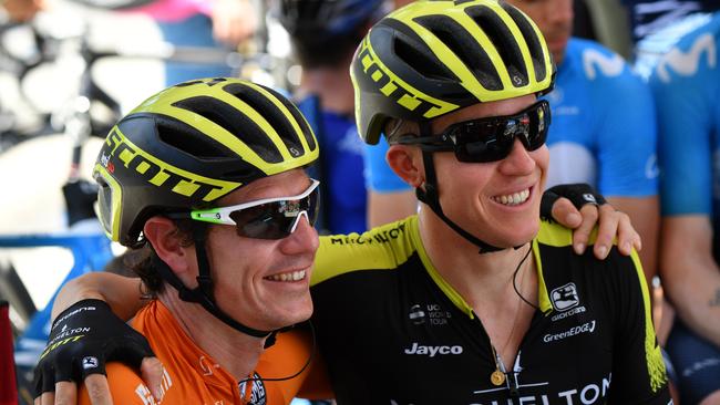 Cameron Meyer (right) with Daryl Impey who won the Tour Down Under. Picture: David Mariuz (AAP).