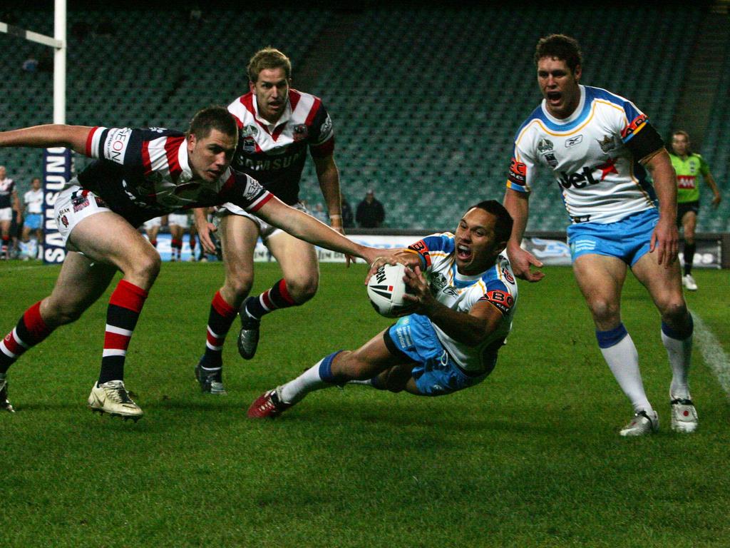 Jordan Rapana scores on debut during NRL Round 18, Sydney Roosters v Gold Coast Titans, at Sydney Football Stadium, Friday, July 11, 2008. Picture: AAP / Colin Whelan