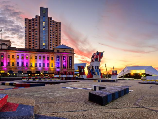 Adelaide, Australia - September 16, 2016: Spectacular view at Intercontinental Hotel, Adelaide Casino and Adelaide Festival Centre with dramatic sunset on the evening