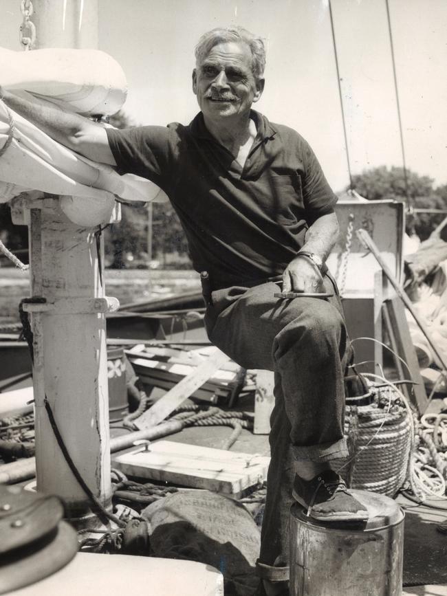 Bill Tilman in Sydney in 1964 aboard the Patanela.