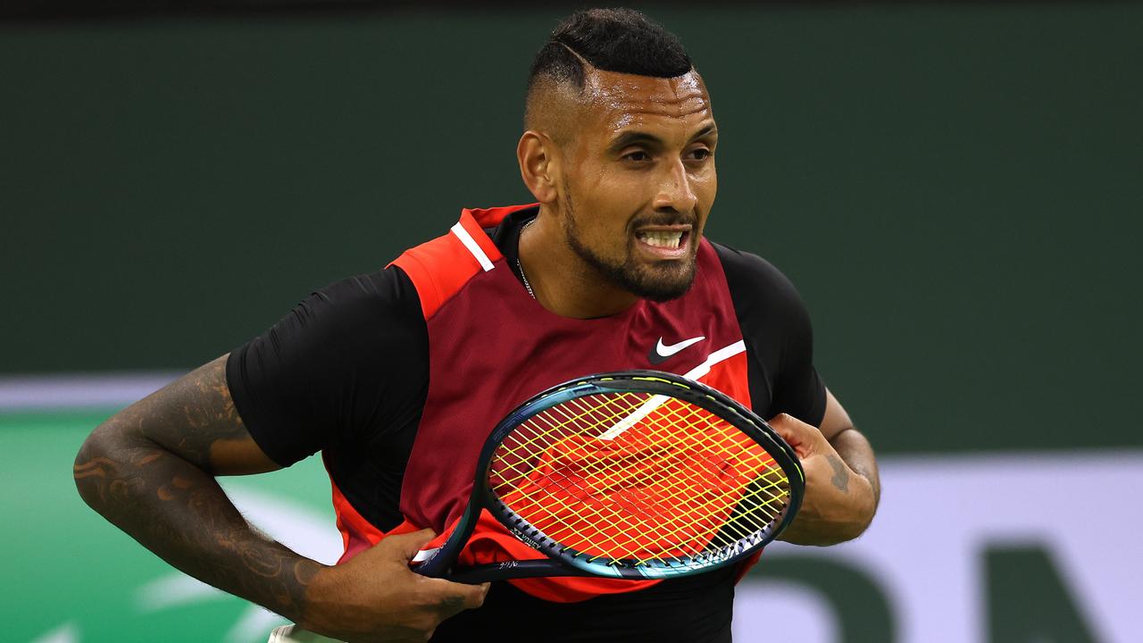 INDIAN WELLS, CALIFORNIA - MARCH 10: Nick Kyrgios of Australia looks on during his match against SEbastian Baez of Argentina at the BNP Paribas Open at Indian Wells Tennis Garden on March 10, 2022 in Indian Wells, California. (Photo by Sean M. Haffey/Getty Images)