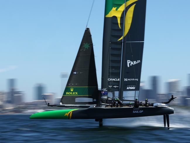 SYDNEY, AUSTRALIA – FEBRUARY 16: Australia SailGP Team trains during a practice session ahead of SailGP Australia at Sydney Harbour on February 16, 2023 in Sydney, Australia. (Photo by Cameron Spencer/Getty Images)