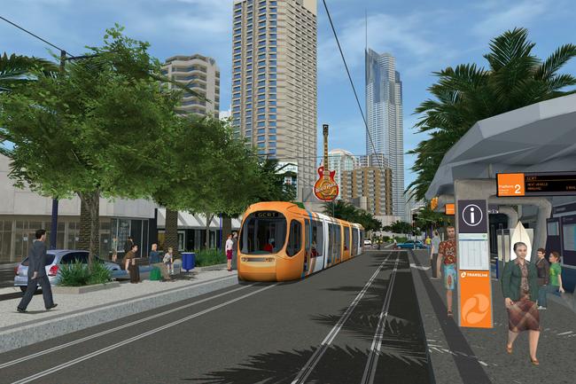 <p>2008: Artist’s impression of a light rail Rapid Transit System on the Gold Coast. View looking south along Gold Coast Highway.</p>