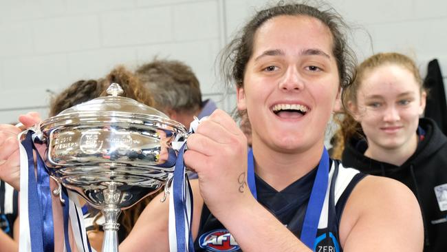 Lucy McEvoy celebrates after the TAC Cup Grand Final with the Falcons. Picture: Mark Wilson