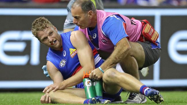 Jake Stringer holds his knee during the win over Richmond. Picture: Getty