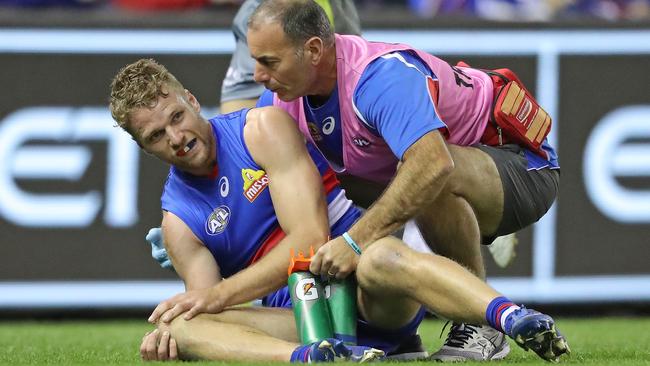 Jake Stringer holds his knee during the win over Richmond. Picture: Getty