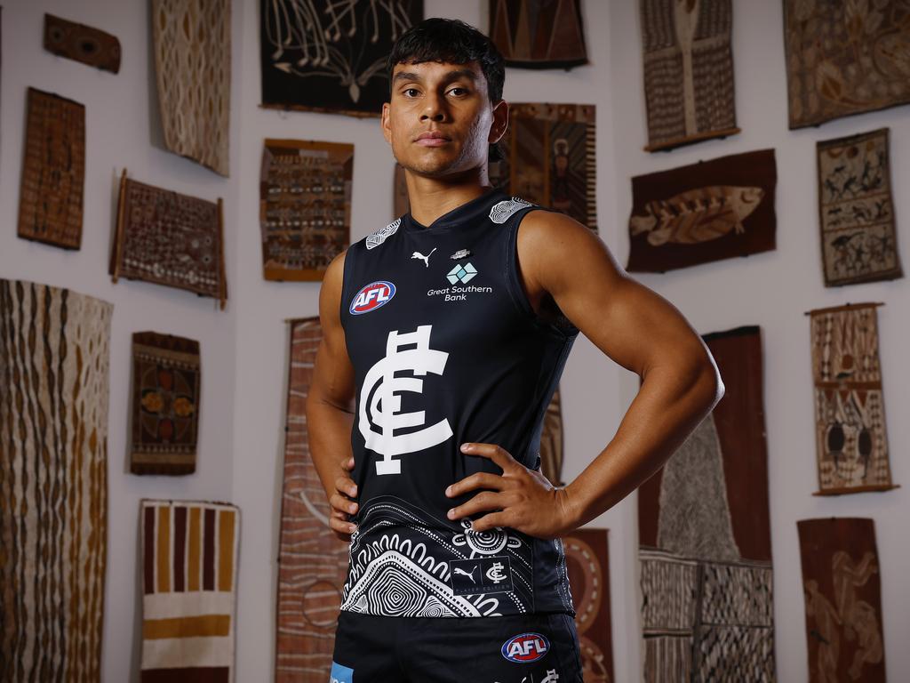 Jesse Motlop in Carlton’s Indigenous guernsey. Picture: Michael Klein