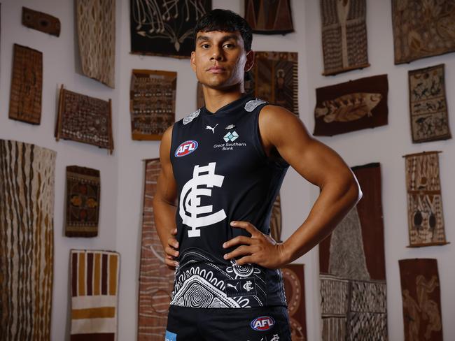 Jesse Motlop in Carlton’s Indigenous guernsey. Picture: Michael Klein