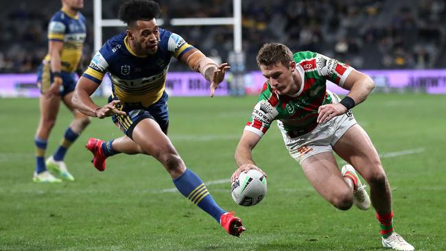 Campbell Graham scored two tries for the Rabbitohs in their emphatic win over Parramatta at Bankwest Stadium. Picture: Getty Images