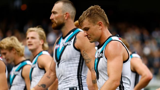 MELBOURNE, AUSTRALIA - MARCH 25: Ollie Wines of the Power looks dejected after a loss during the 2023 AFL Round 02 match between the Collingwood Magpies and the Port Adelaide Power at the Melbourne Cricket Ground on March 25, 2023 in Melbourne, Australia. (Photo by Michael Willson/AFL Photos via Getty Images)