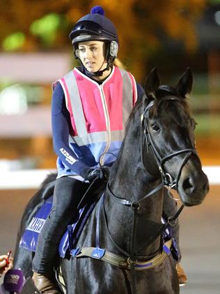 Azkadellia stretched out at Doomben yesterday. Picture: Darren England.