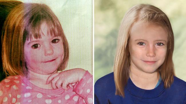 Maddie McCann (left) and a computer generated handout image released by police in 2012 depicting what she could look like. Picture: AFP