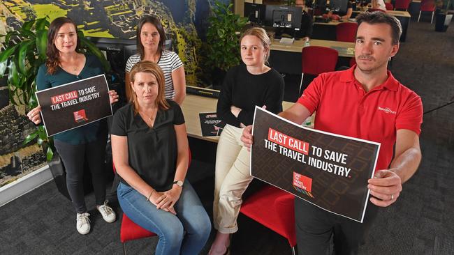 Bunnik Tours staff members Zoe Francis, Kristi Rutten, Jennifer Calnin, Bailey Bunnik and Jeremy van Heerde are on JobKeeper and are campaigning to save the travel industry. Picture: Tom Huntley