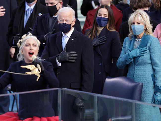 Lady Gaga sings the National Anthem at the inauguration of President Joe Biden. Picture: Getty Images