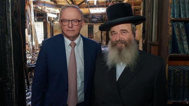 Prime Minister Anthony Albanese visits Adass Israel Synagogue in Ripponlea which was destroyed when fire bombed last week. Picture:  Instagram