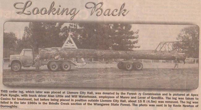 An old Northern Star clipping showing Lismore's cedar log at Apex Park, Kyogle.