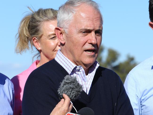 04/06/2018. Prime Minister Malcolm Turnbull, with Deputy PM Michael McCormack visit Strathmore Farm outside of the township of Trangie in north-western NSW, at the commencement of a listening tour, talking to locals throughout drought effected NSW. PM Malcolm Turnbull holds a press conference after visiting the Strathmore farm. Britta Campion / The Australian