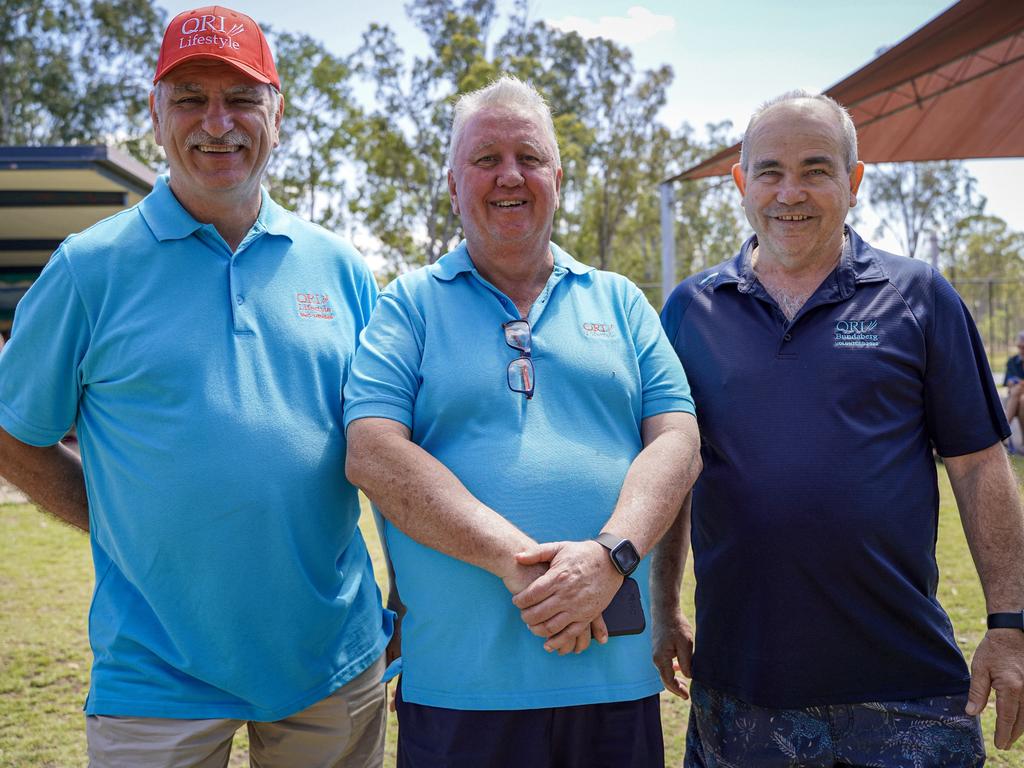 QRI Lifestyle state management committee members Gary Dutton and Glen Duncan with QRI Services director Ken Cavanough at the 40th birthday celebrations of Coppabella State School. Picture: Heidi Petith
