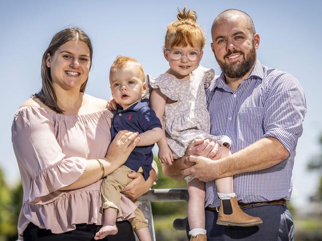 Parents Sam and Rhianna with their children Billie, 3 and Chester, 1. Picture: Jake Nowakowski