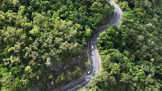 Traffic along the Kuranda Range Road, the steep, winding section of the Kennedy Highway along the Macalister Range between Kuranda and Smithfield and the main link between Cairns and the Atherton Tablelands. A long awaited state government report into the future of the road has found that no major upgrades or alternatives to the Kuranda Range Road will be needed until 2051. Picture: Brendan Radke