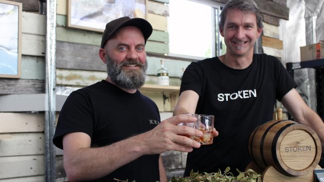 Stoken gin creators Brett Curtis and Dr John Meulet at their Cudgera Creek distillery which is open by appointment only. Picture: Jodie Callcott.