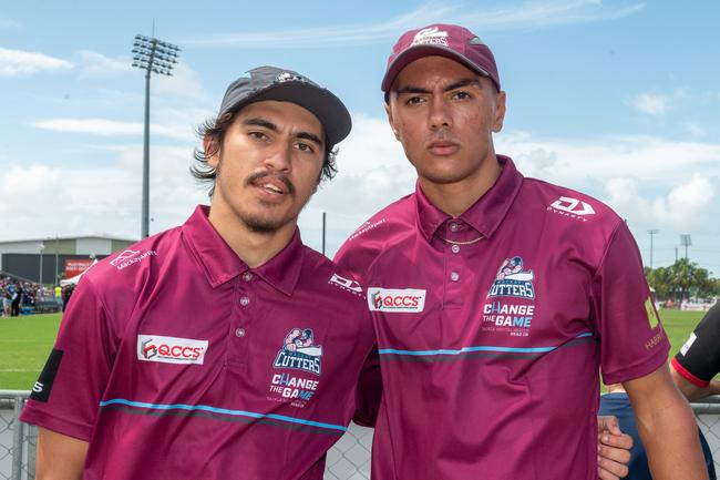 Zane McKellar and Jaffahl Skillington at the Cowboys vs. Broncos game in Mackay last season.