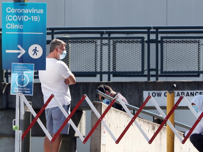 People waiting in line for about 2 hours to be tested at the Coronavirus Testing Clinic at Nepean Hospital in Kingswood. Picture: Jonathan Ng