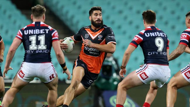 James Tamou was sent off in the latter stages of the Tigers’ hammering by the Roosters. Picture: Scott Gardiner/Getty Images