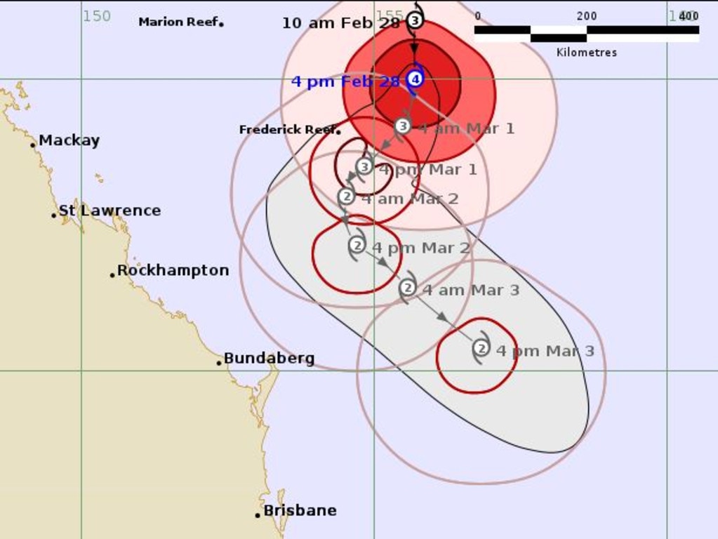 The 4.55pm tracking map showing Tropical Cyclone Alfred has intensified once more to a category four.