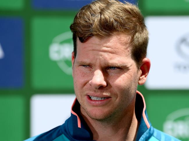 BRISBANE, AUSTRALIA - JANUARY 24: Steve Smith speaks during an Australian team training session before the Second Test match in the series between Australia and West Indies at The Gabba on January 24, 2024 in Brisbane, Australia. (Photo by Bradley Kanaris/Getty Images)