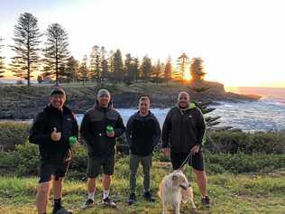 WALK THE TALK: Daymien Clydesdale, Alfie the Dog, Michael Park, Alex Leon and Mark Burns from The Man Walk. Picture: Contributed