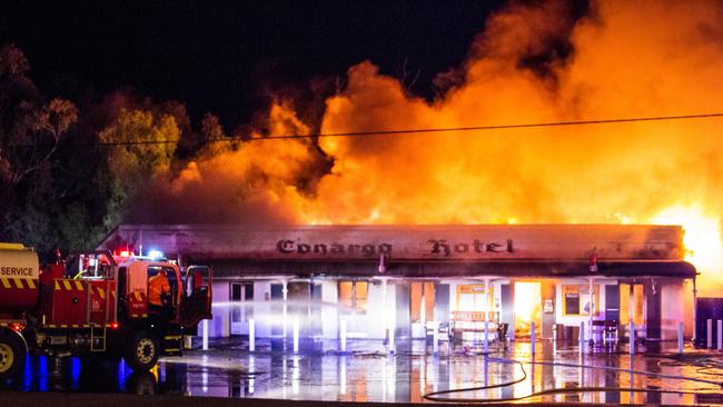 Fire destroyed the Conargo Pub, north of Deniliquin, in 2014.