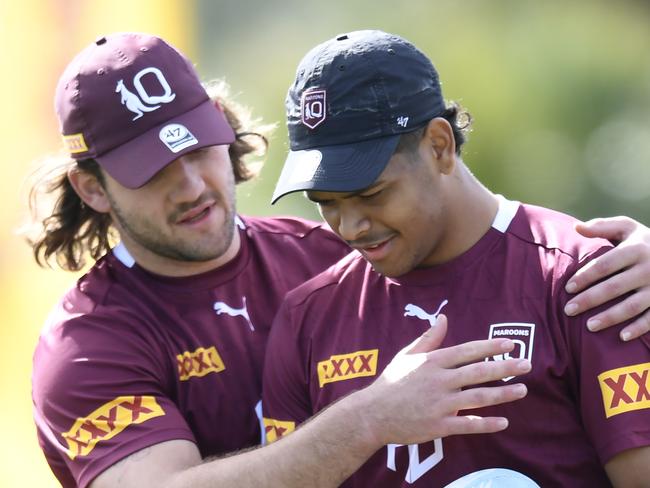 Origin and Broncos teammates Pat Carrigan and Selwyn Cobbo.