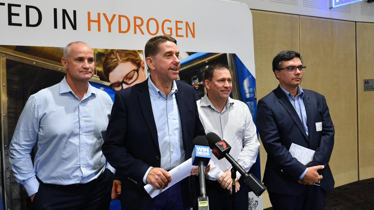 Gladstone MP Glenn Butcher, Minister for State Development Cameron Dick, Gladstone Mayor Matt Burnett and Australian Gas Infrastructure Group Adviser Vikram Singh at the Gladstone Hydrogen Forum at the convention centre.