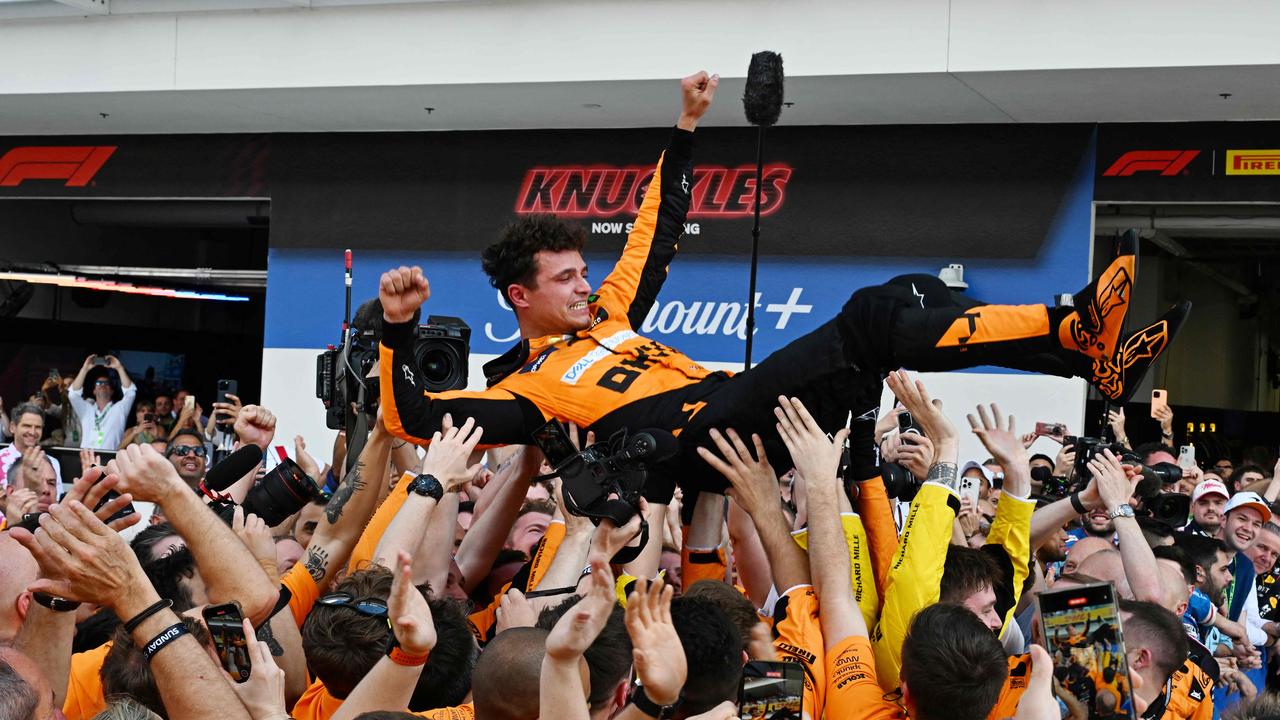 Lando after securing his first F1 win in Miami. (Photo by Giorgio Viera / AFP)