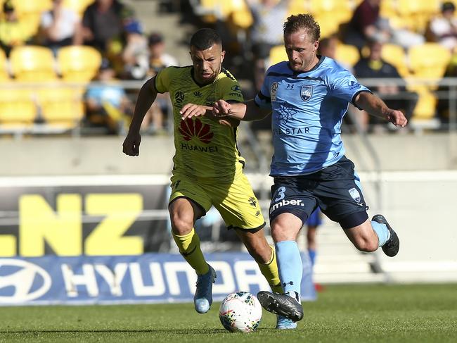 Wellington’s Jaushua Sotirio (left) and Sydney FC’s Rhyan Grant will renew acquaintances on Friday. Picture: Hagen Hopkins/Getty Images